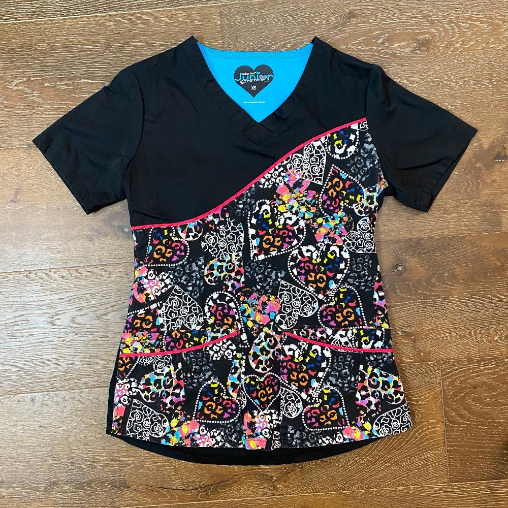 Colorful Leopard/Heart Print Scrub Top